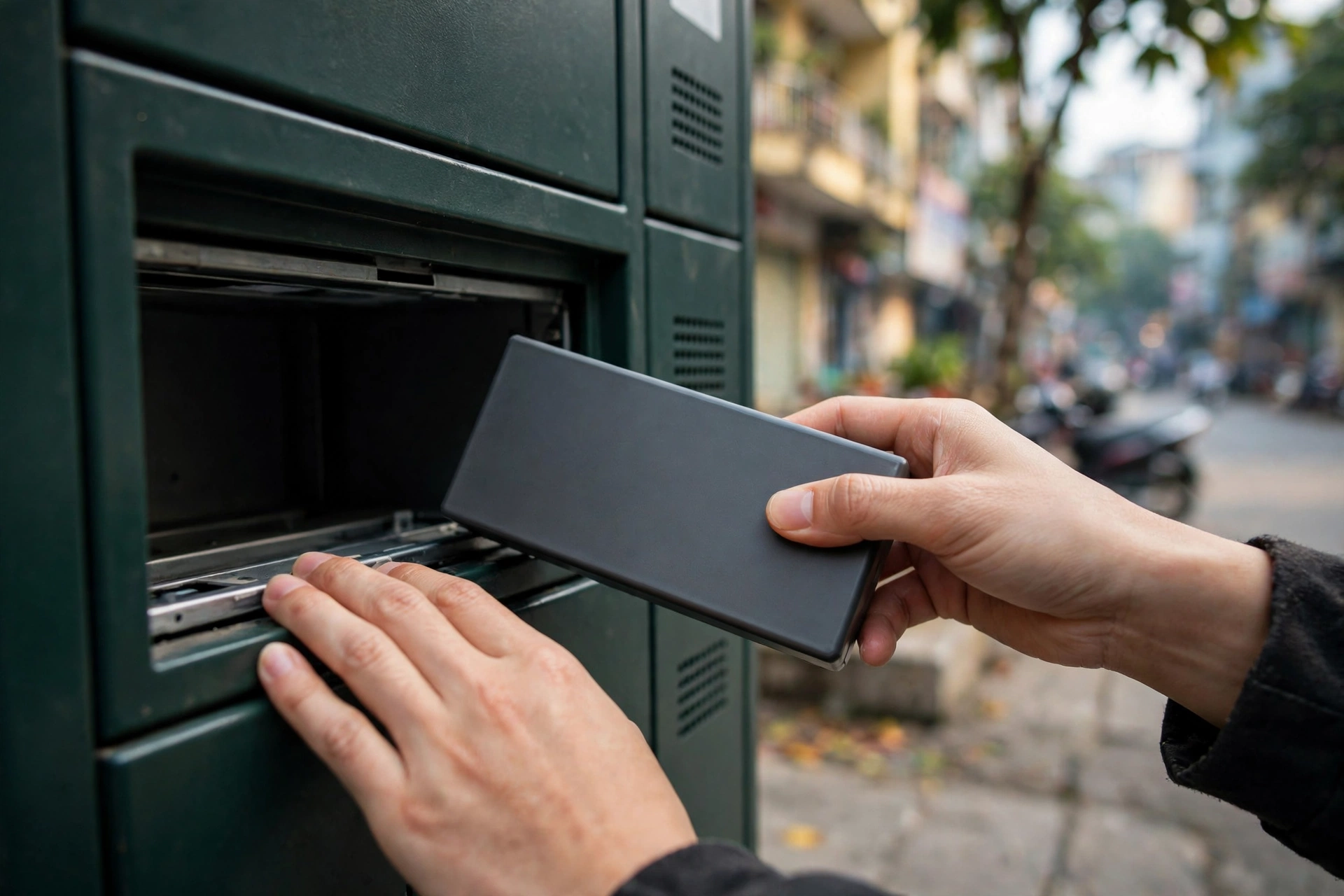 A person's hands sliding a plain battery pack into an open slot of a dark green battery-swap cabinet on a Hanoi sidewalk.