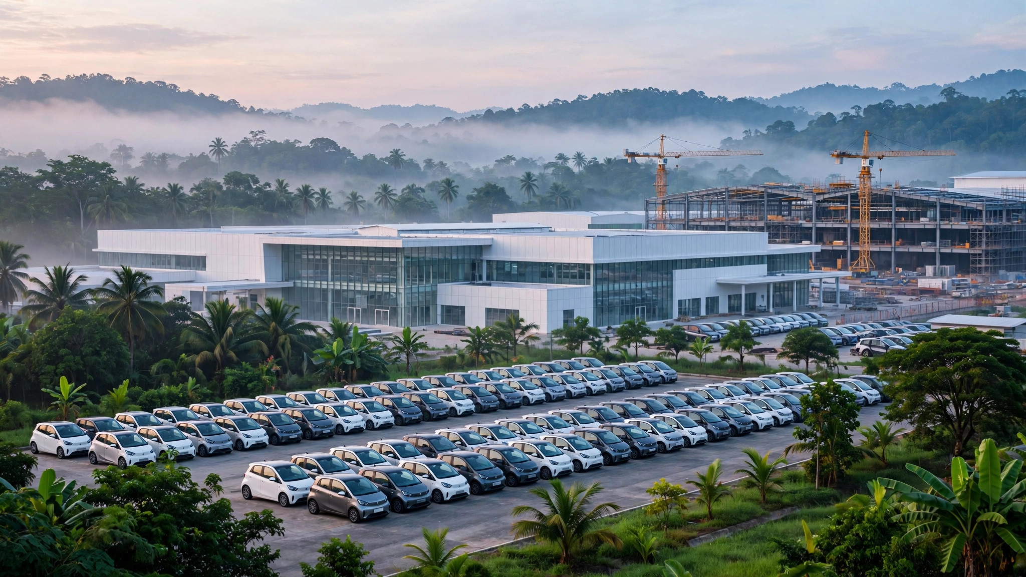 A modern electric vehicle factory in Southeast Asia with rows of new compact cars parked outside and a second hall under construction.