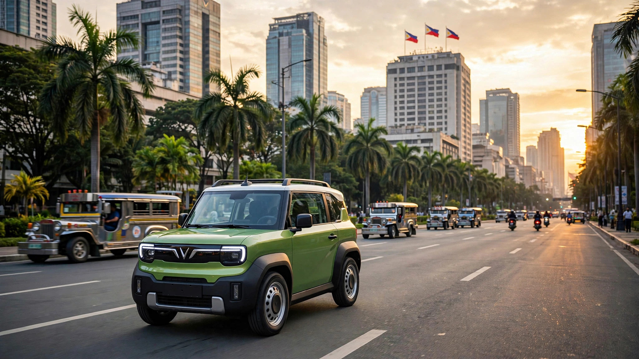A green VinFast VF 3 electric car driving on a wide avenue in Manila with jeepneys and Philippine flags in the background.
