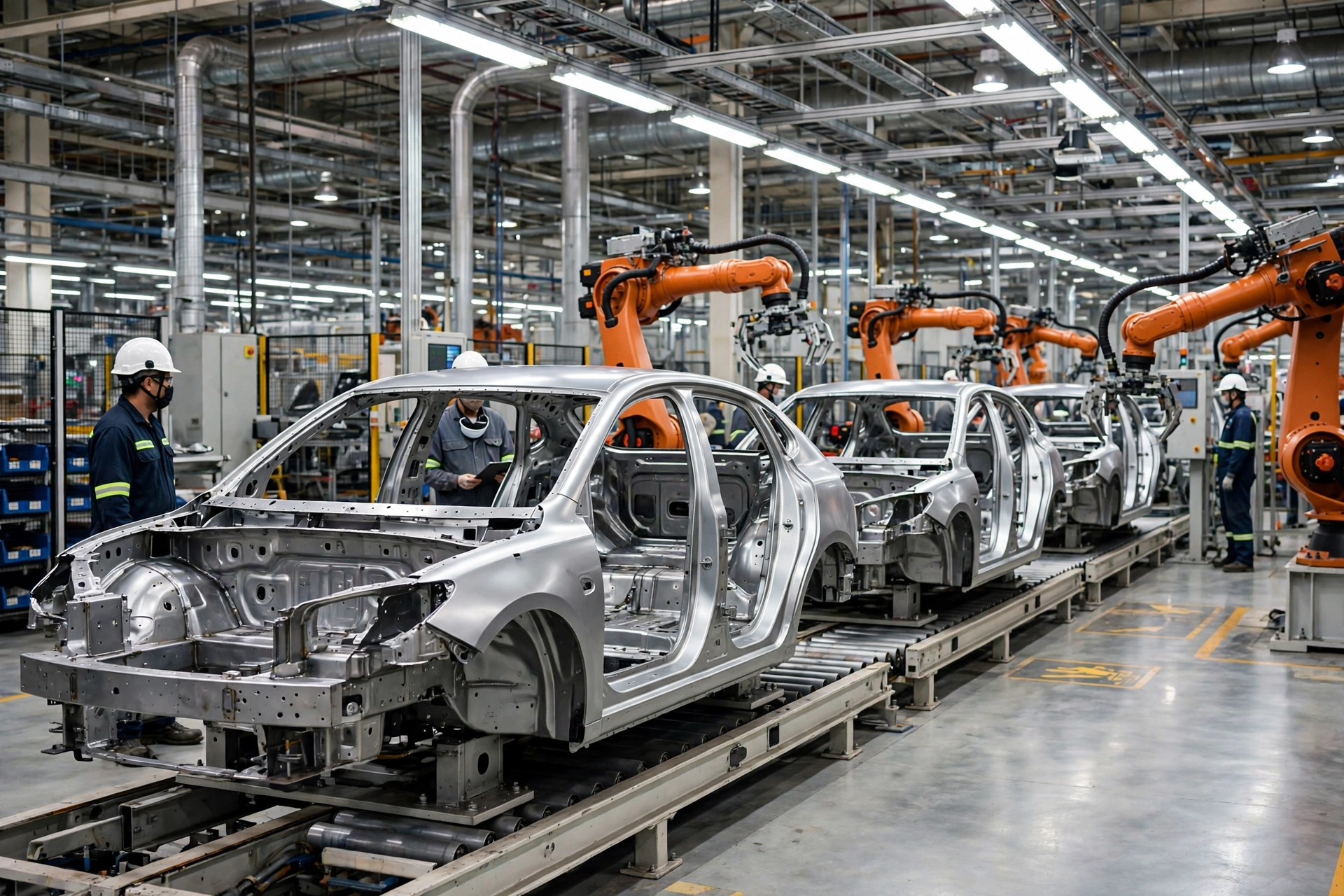 Unpainted car body shells moving along a production line with orange robotic arms and workers in helmets in a bright vehicle assembly plant.