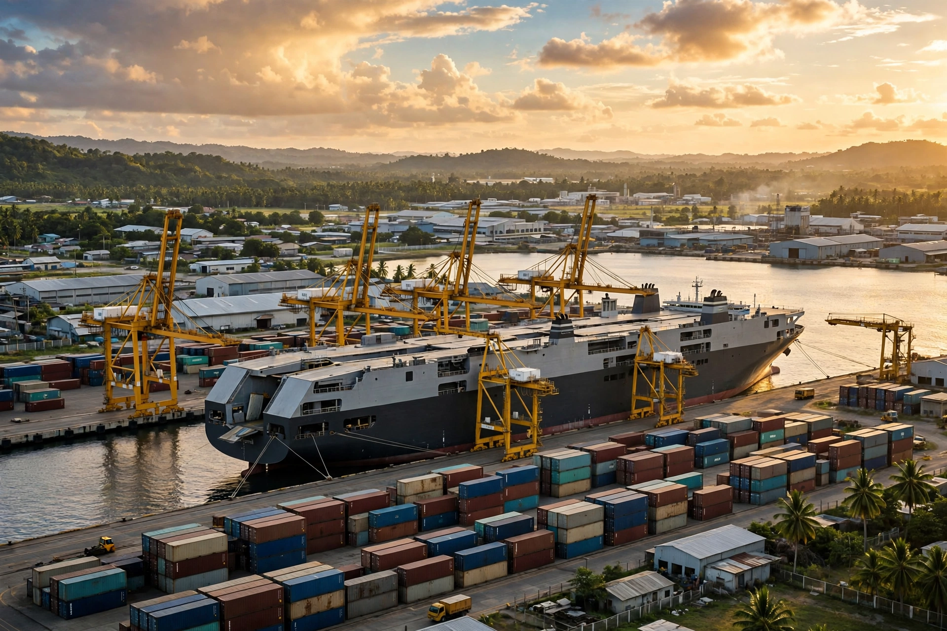 A car carrier ship docked at a container port with yellow cranes and stacked shipping containers under a warm late-afternoon sky.