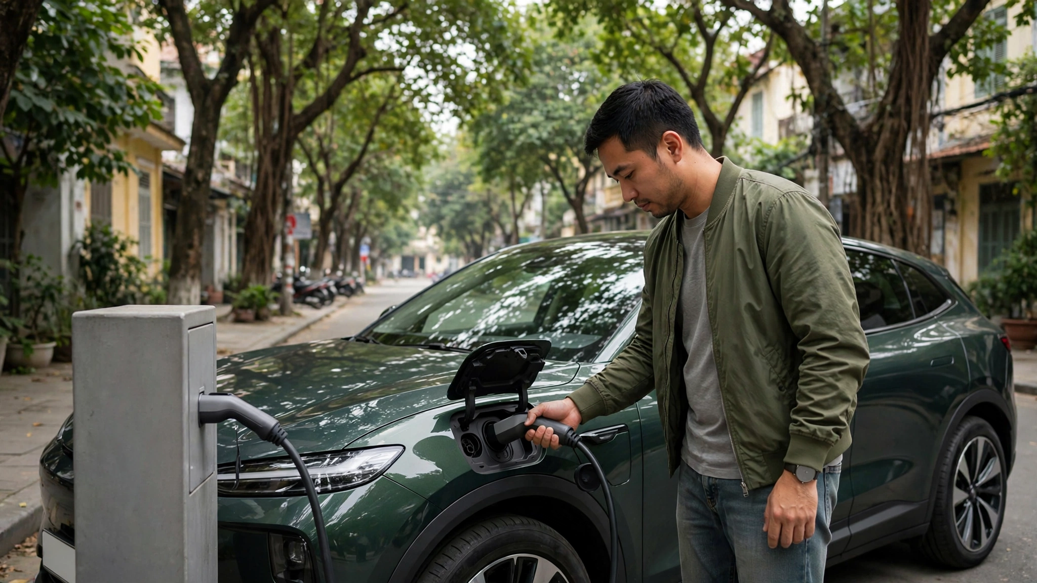Body image for the Decree 202/2026 explainer showing a driver plugging in an electric car at a public charger in Vietnam
