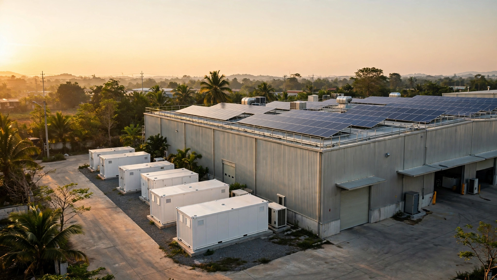 Body image for the Decree 243/2026 explainer showing rooftop solar panels with battery storage containers in Vietnam