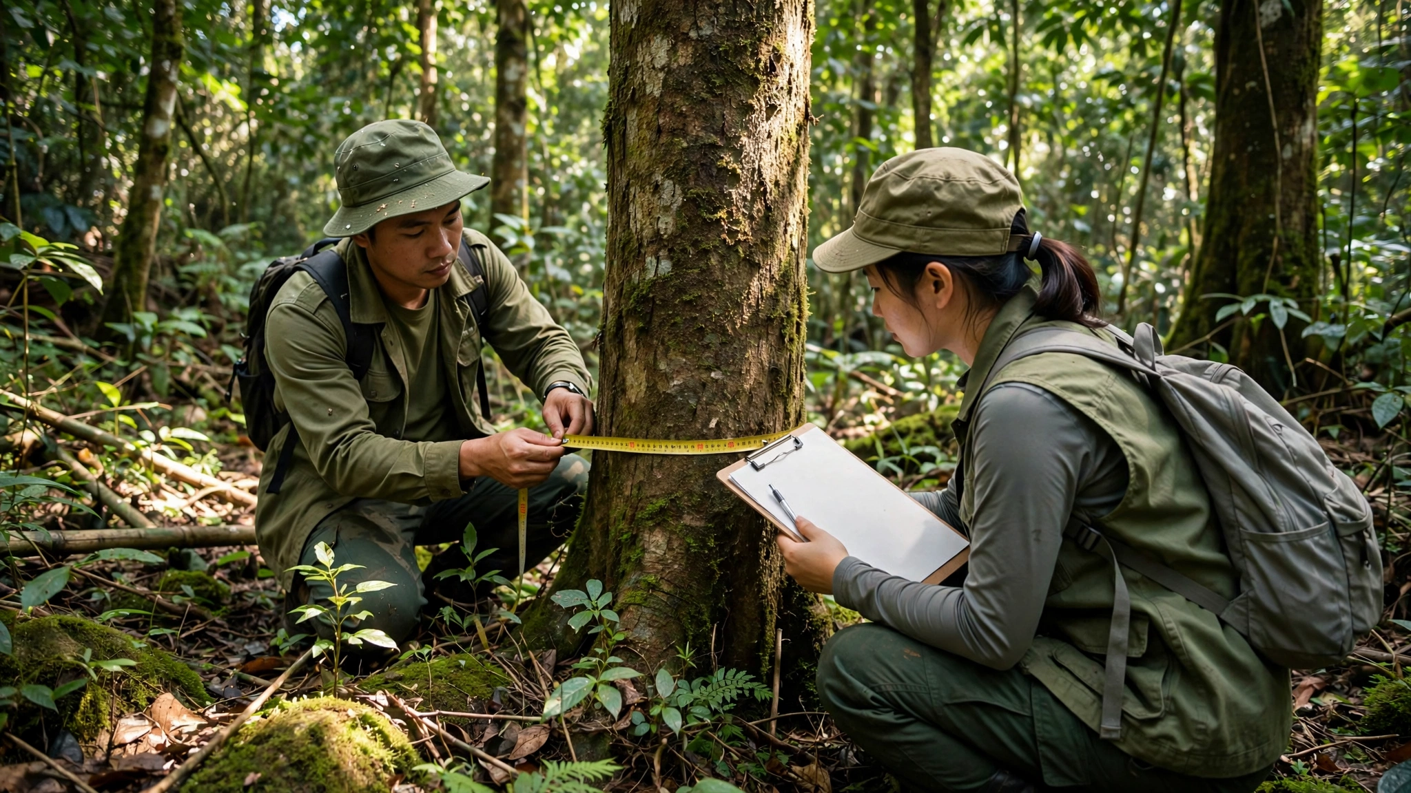 Body image for the Decree 29/2026 explainer showing forestry technicians measuring trees for a carbon project in Vietnam