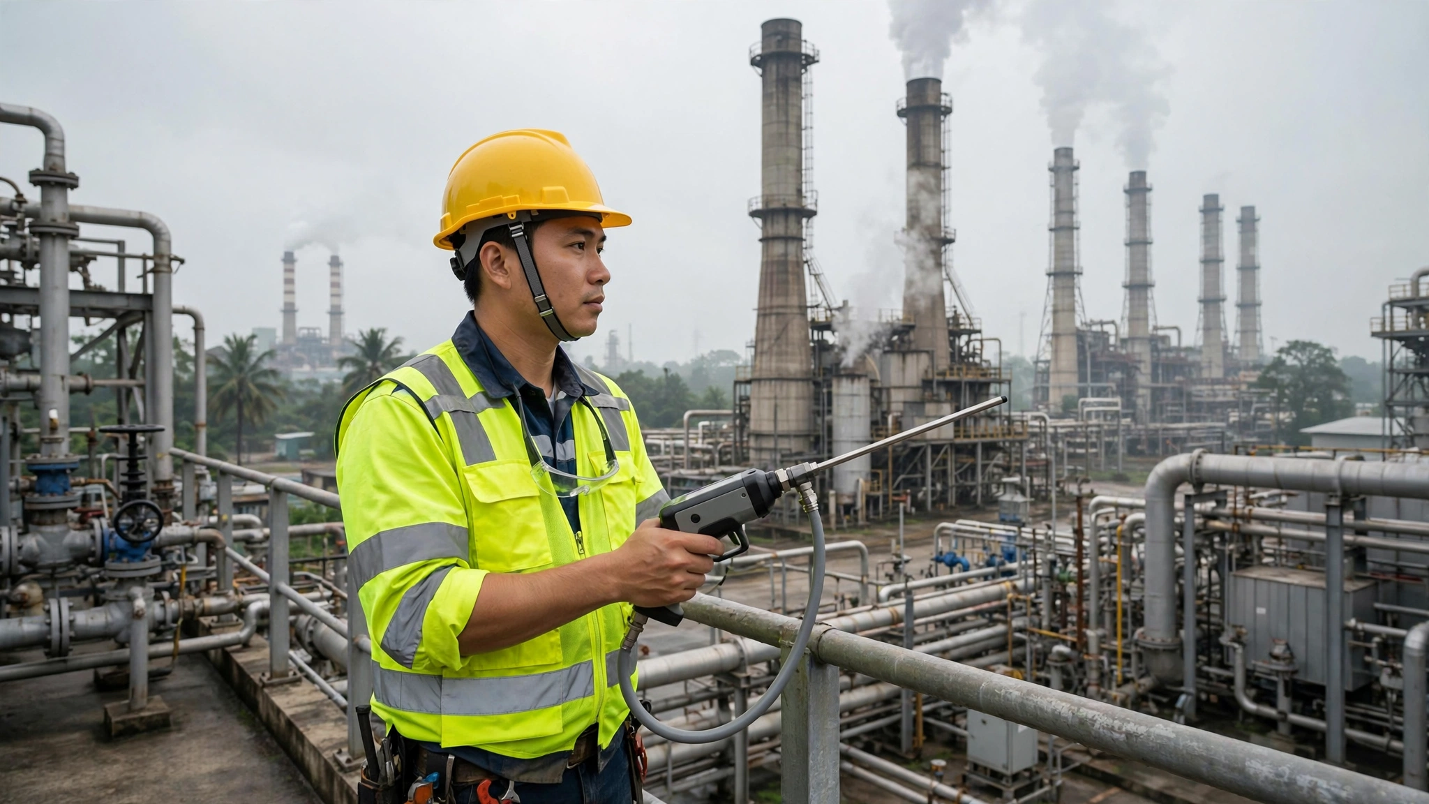 Body image for the Decree 119/2025 explainer showing an engineer taking emissions measurements at a Vietnamese plant