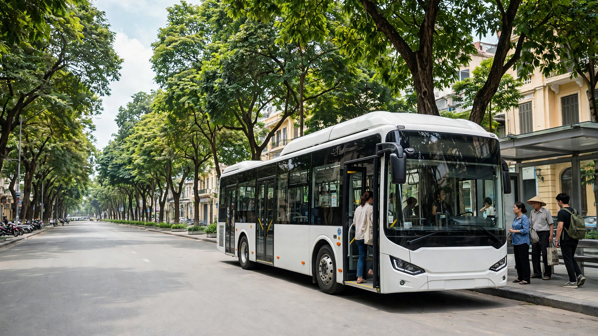 Body image for the Directive 20/CT-TTg explainer showing an electric bus boarding passengers in central Hanoi