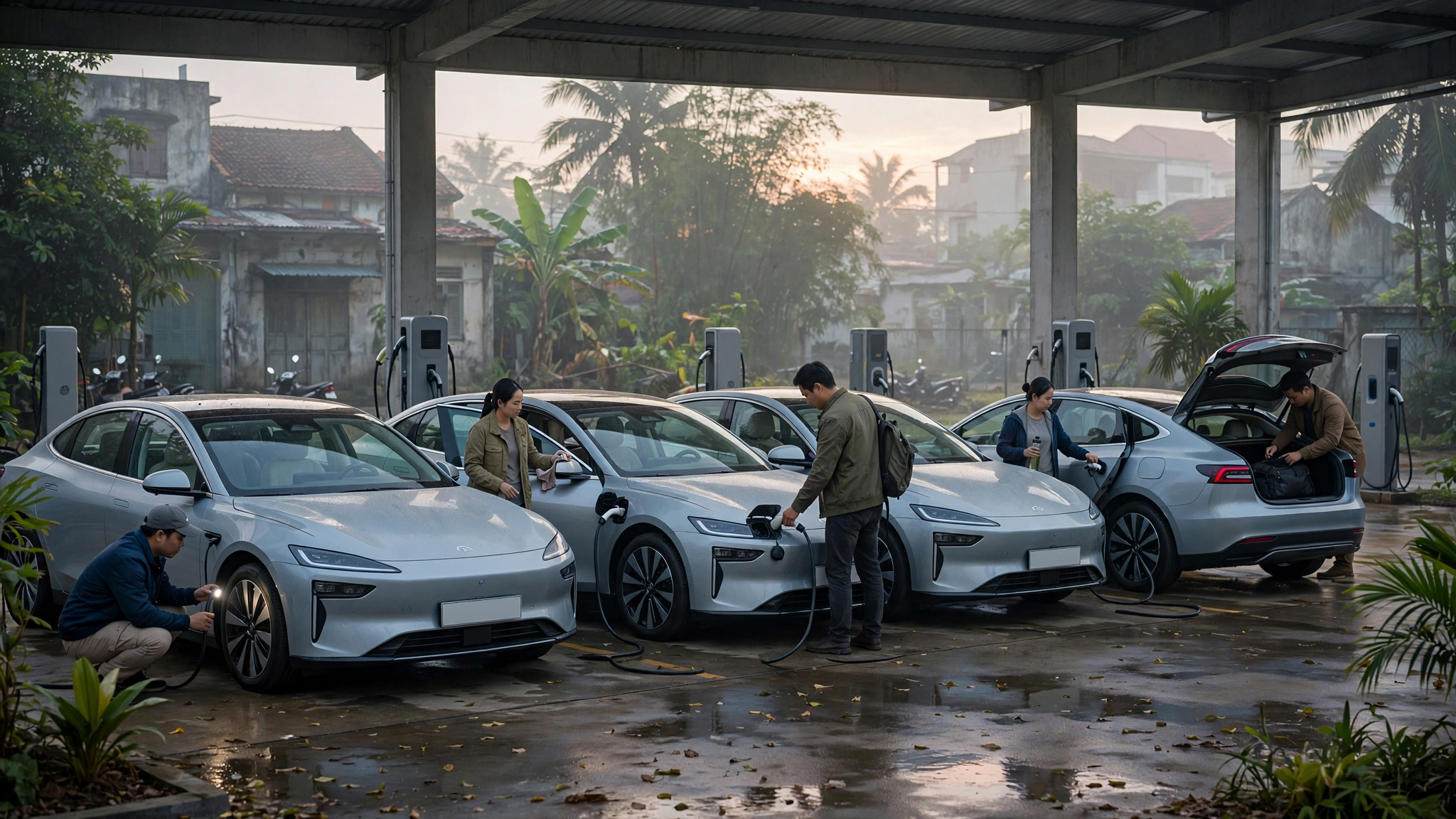 Body image for the Decision 876 explainer showing a fleet of electric taxis at a charging depot in Vietnam at dawn