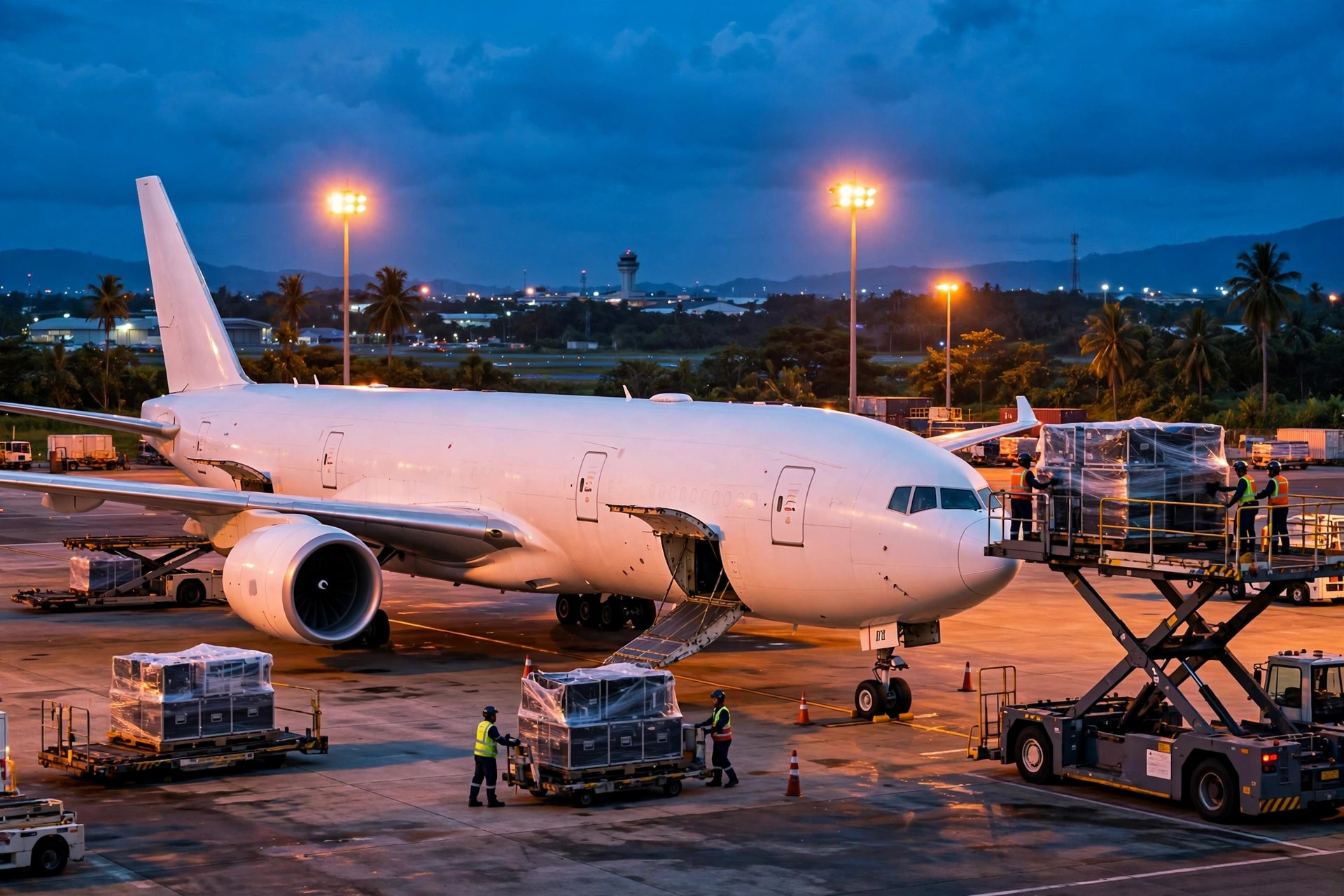 Ground crew loading electronics cargo pallets onto a freighter aircraft at dusk