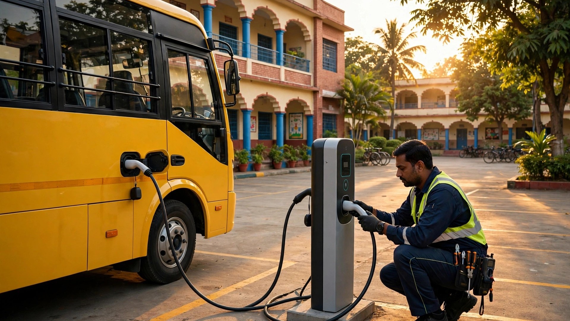 A technician plugging a charging cable into a yellow electric school bus at a school campus in India