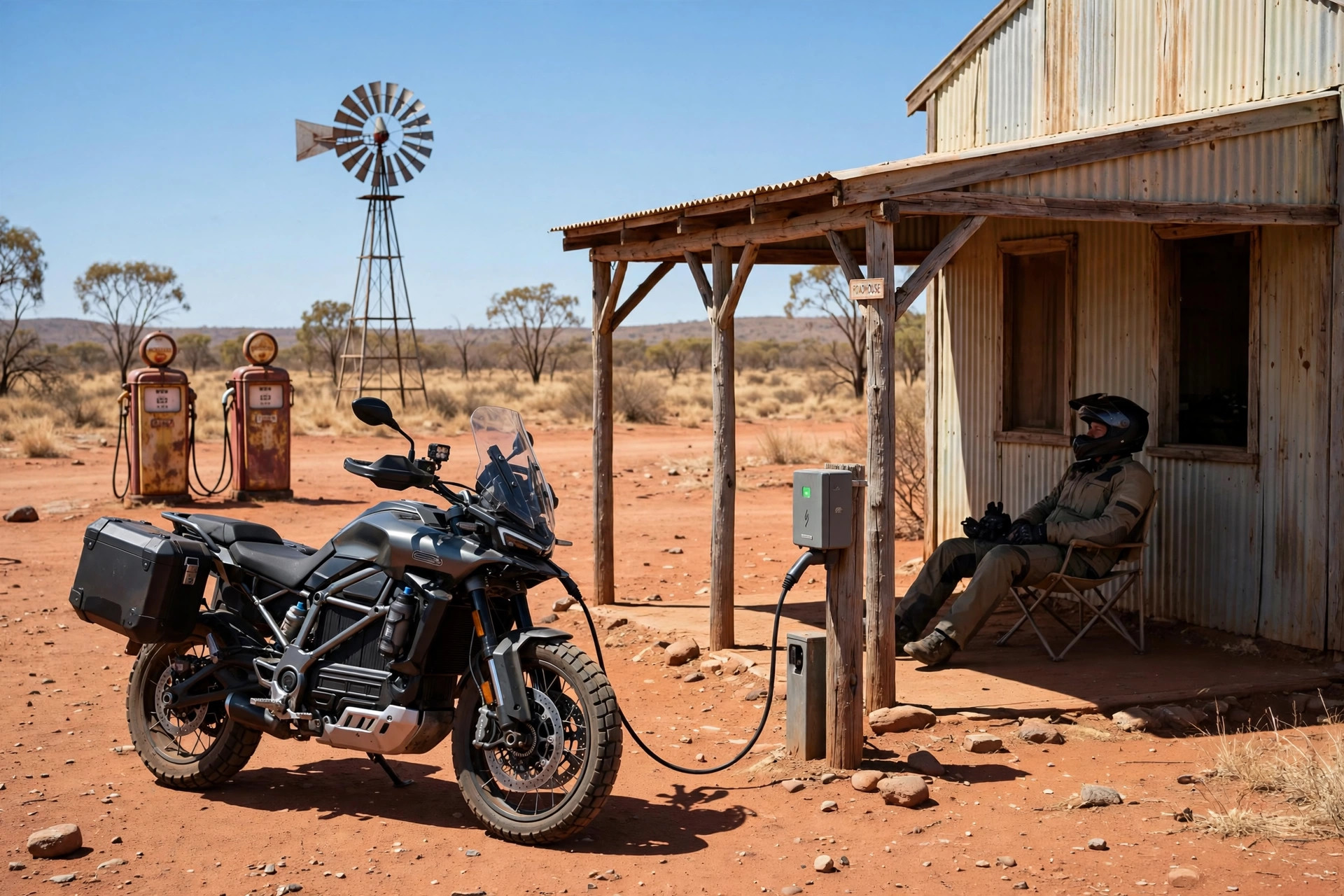 Alt text: An electric motorcycle charging at a remote stop in Australia, on a route with long gaps between chargers