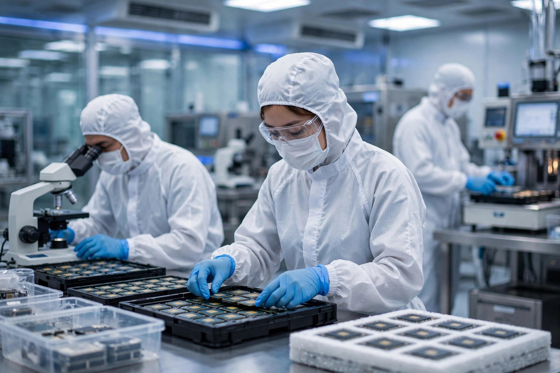 Engineers in cleanroom suits checking trays of semiconductor chips at an assembly and testing plant