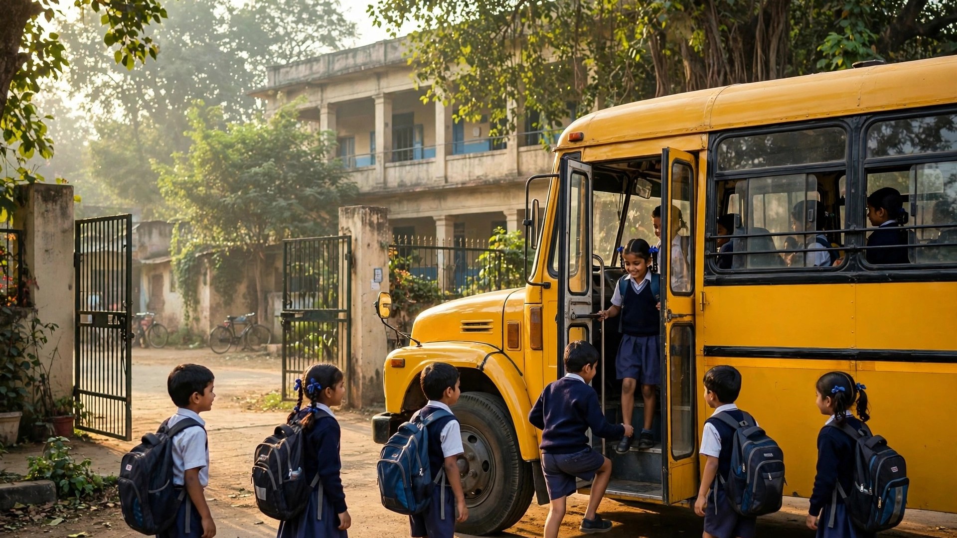 Indian schoolchildren in uniforms boarding a yellow school bus at their school gate in the morning