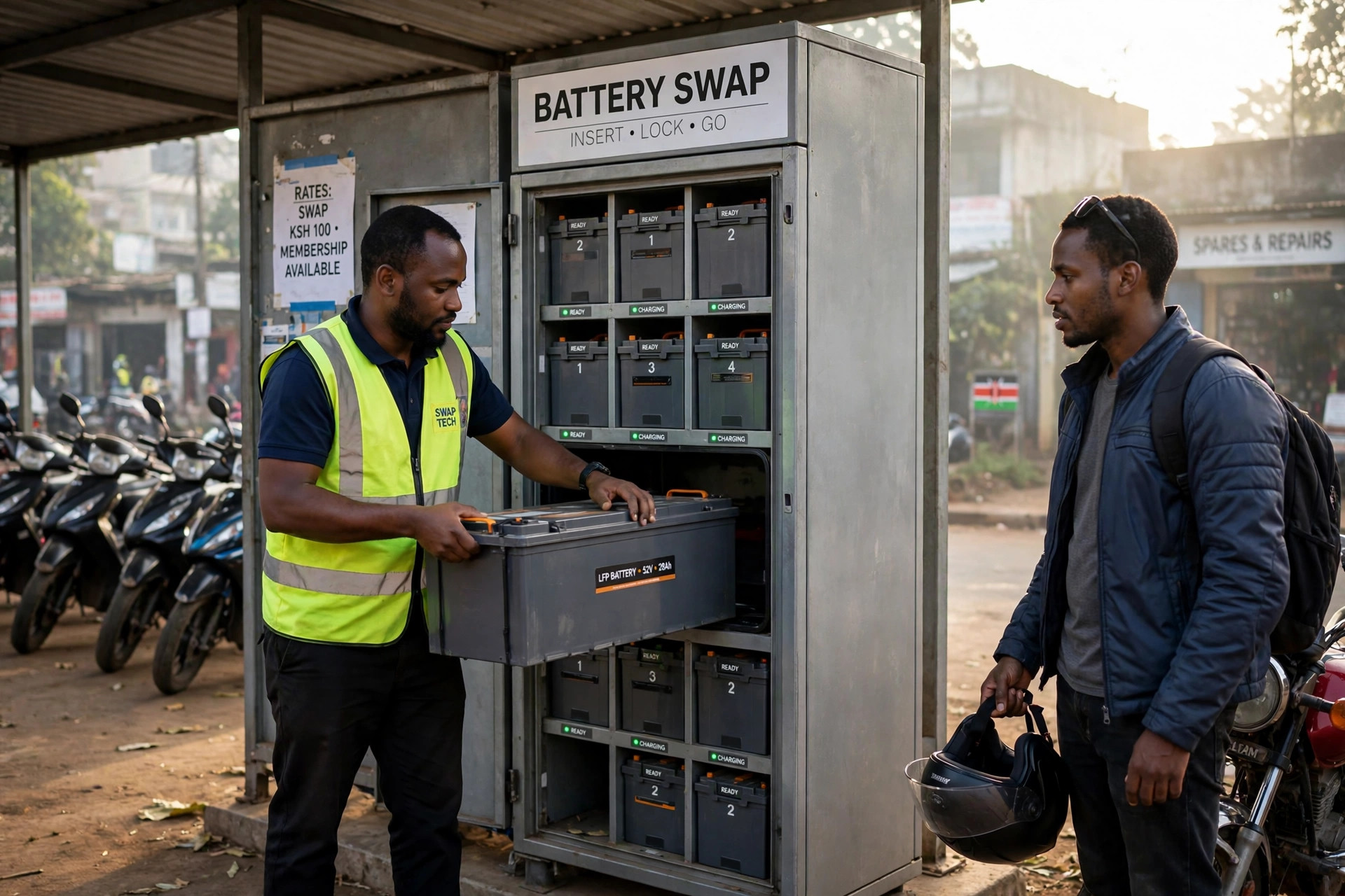 Alt text: A rider exchanging a battery at a battery swap station in Nairobi, Kenya, with a full battery ready to fit