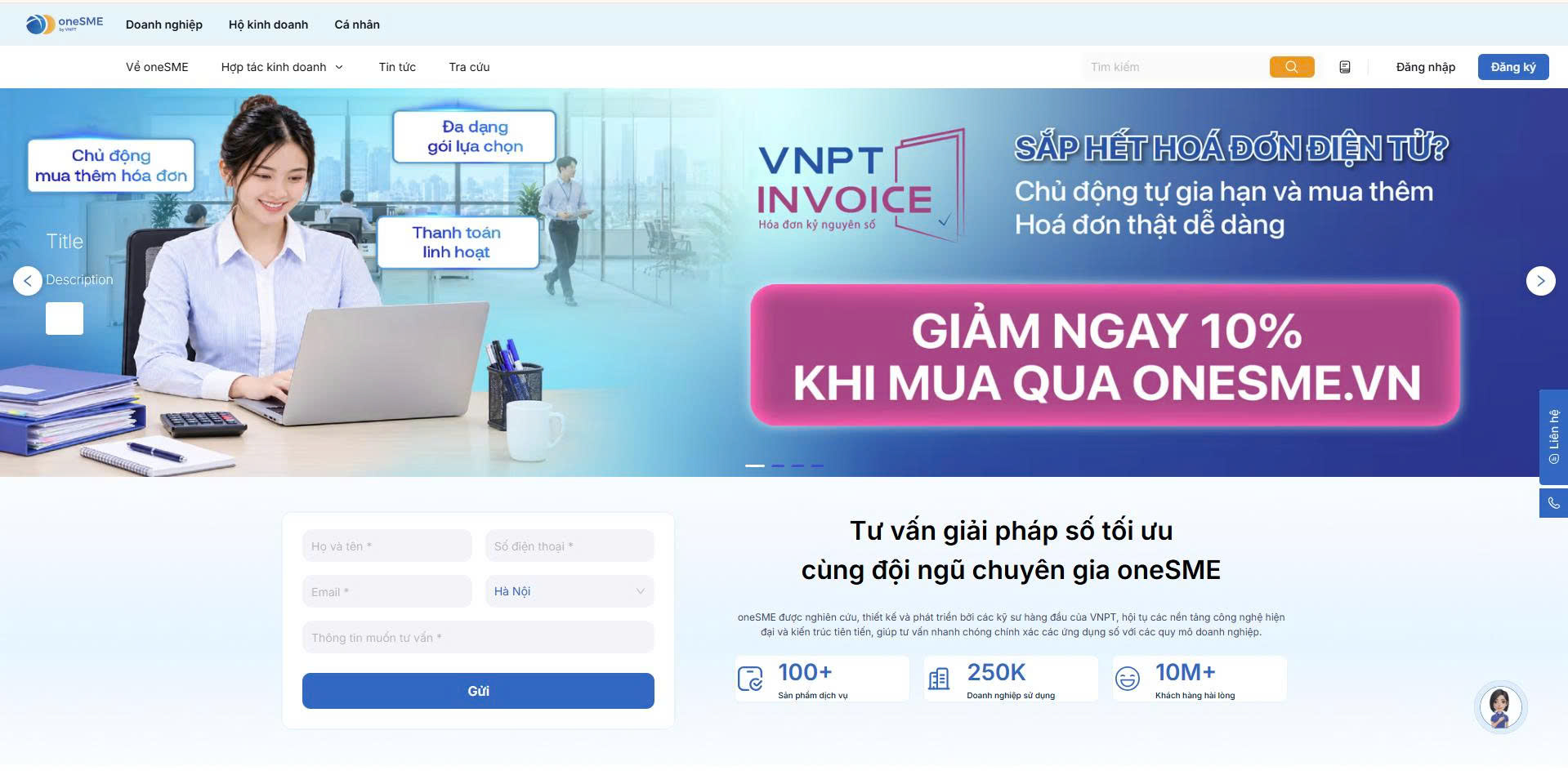 The OneSME.vn homepage, where businesses renew and top up VNPT Invoice e-invoices. Screenshot: OneSME.vn