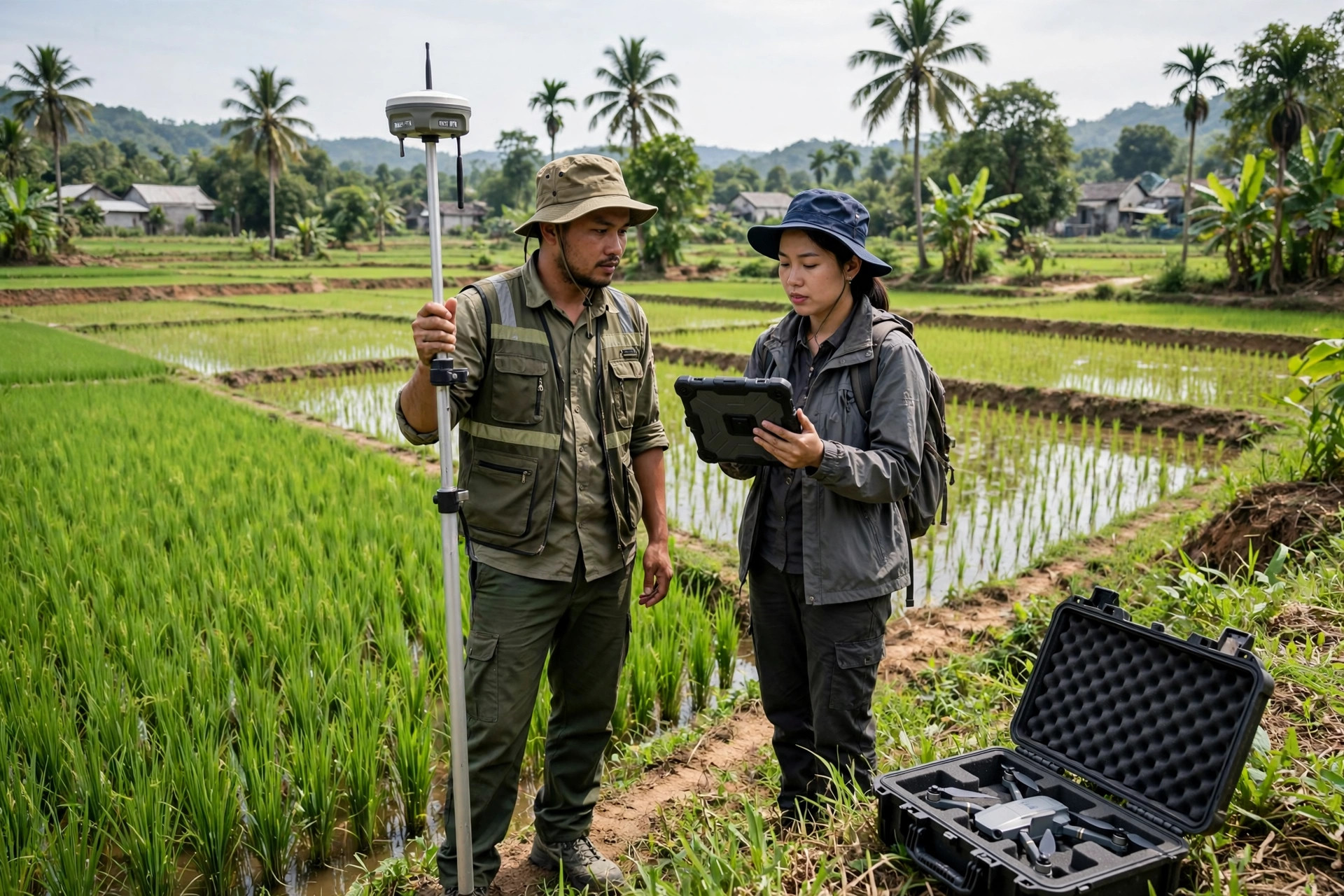 Surveyors using a GNSS receiver and tablet to verify land parcels in the field in Vietnam