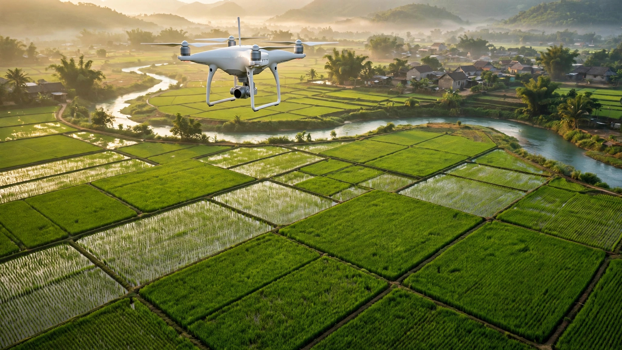 A survey drone flying over green rice fields and a river in Vietnam