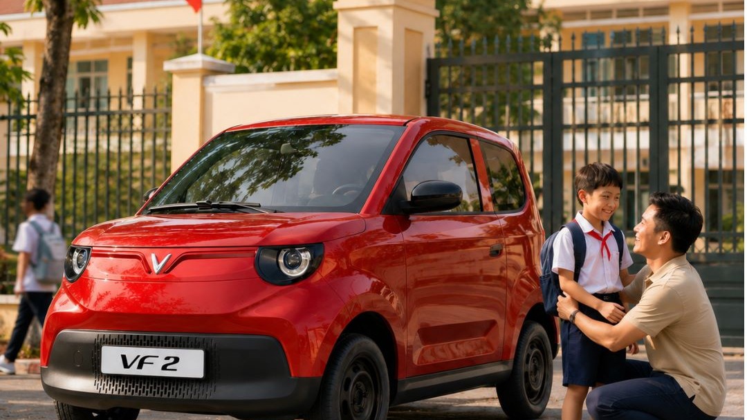 Red VinFast VF 2 at the school gate