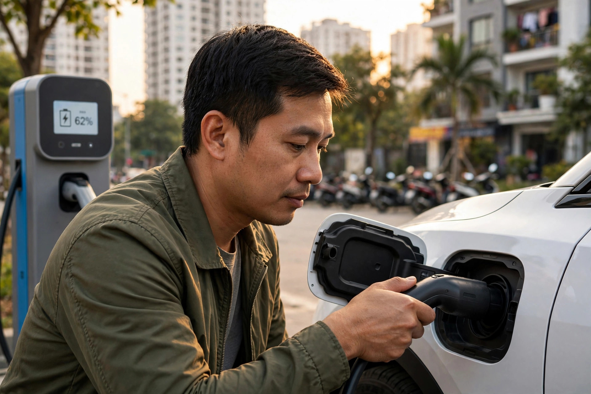Alt text: A driver plugging an electric car into a public charger in Vietnam, with a clear display showing energy delivered in kWh