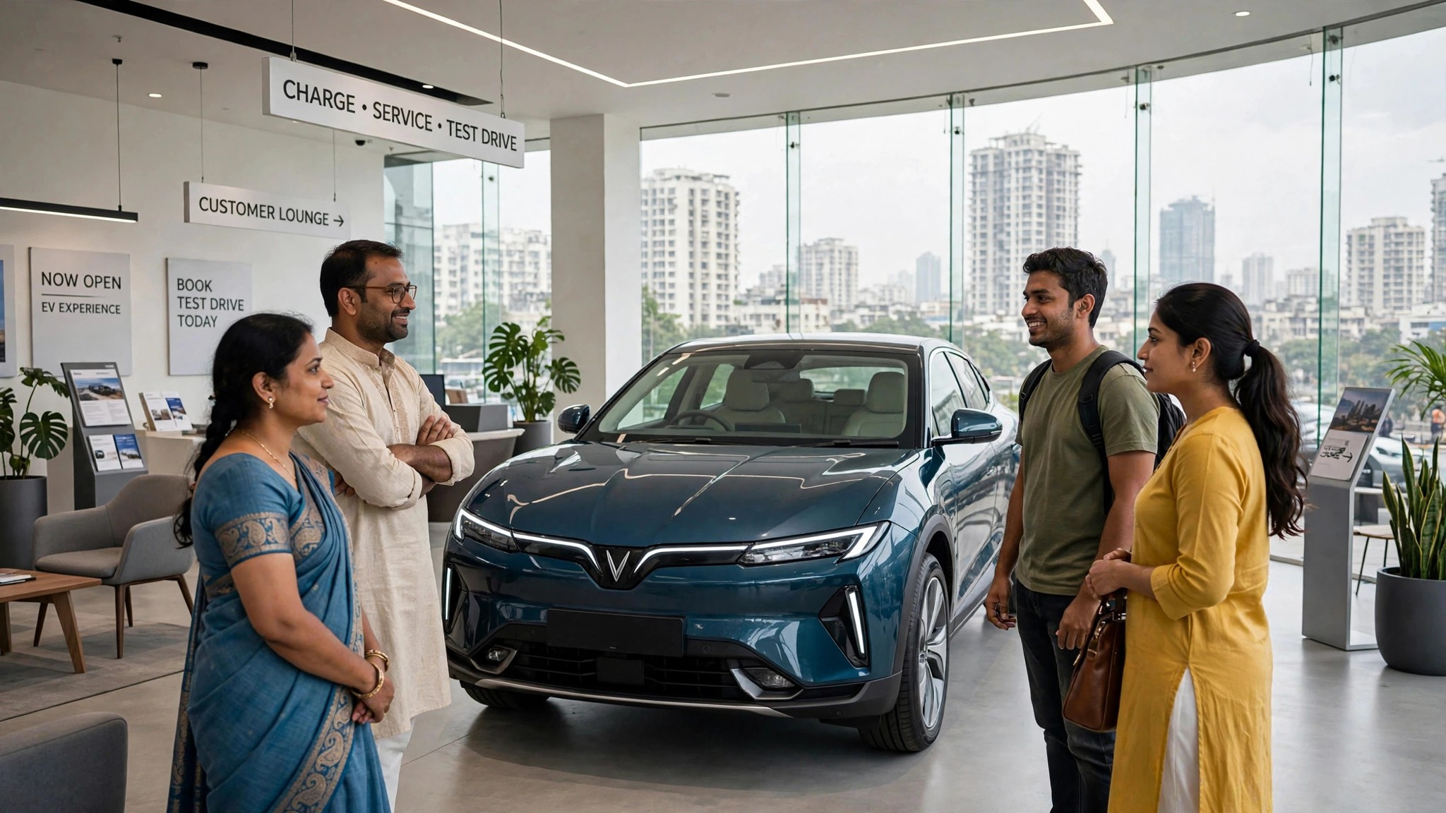 A VinFast VF 7 electric SUV with its V light signature on display in a showroom in India, with customers examining the car