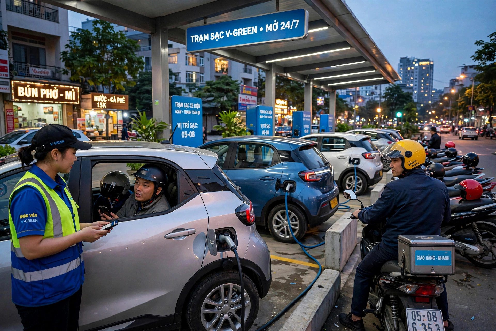 VinFast VF 5 electric cars charging at a V-Green station in Vietnam