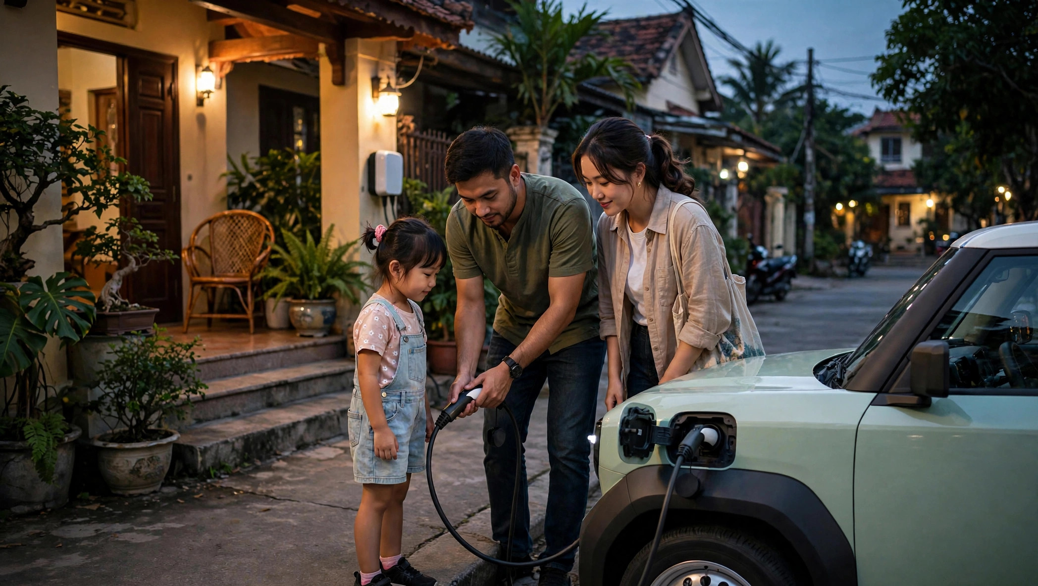 A family plugging in their VinFast VF 3 to charge at home in Vietnam
