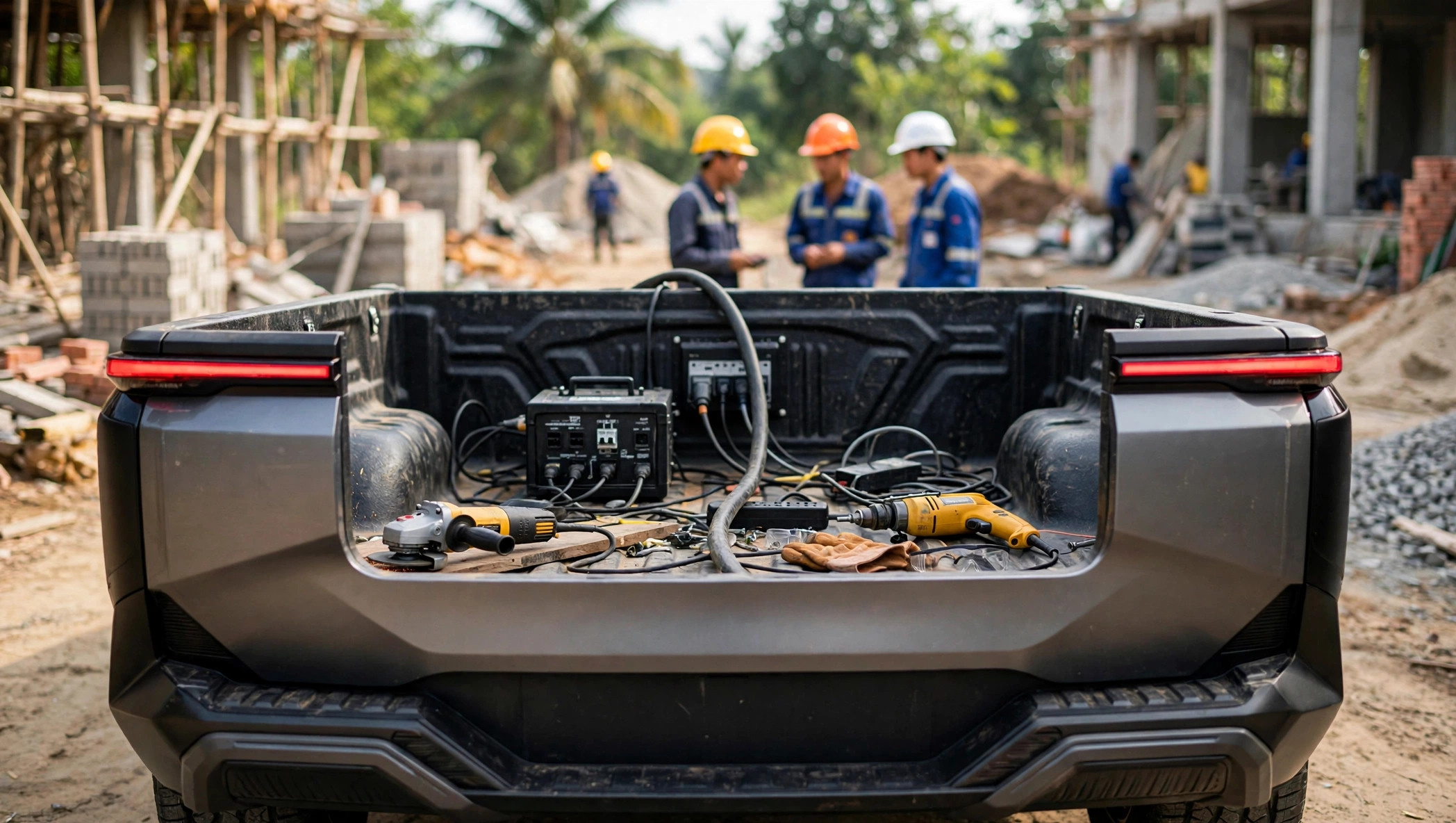 VinFast VF Wild pickup bed powering electric tools at a construction site in Vietnam