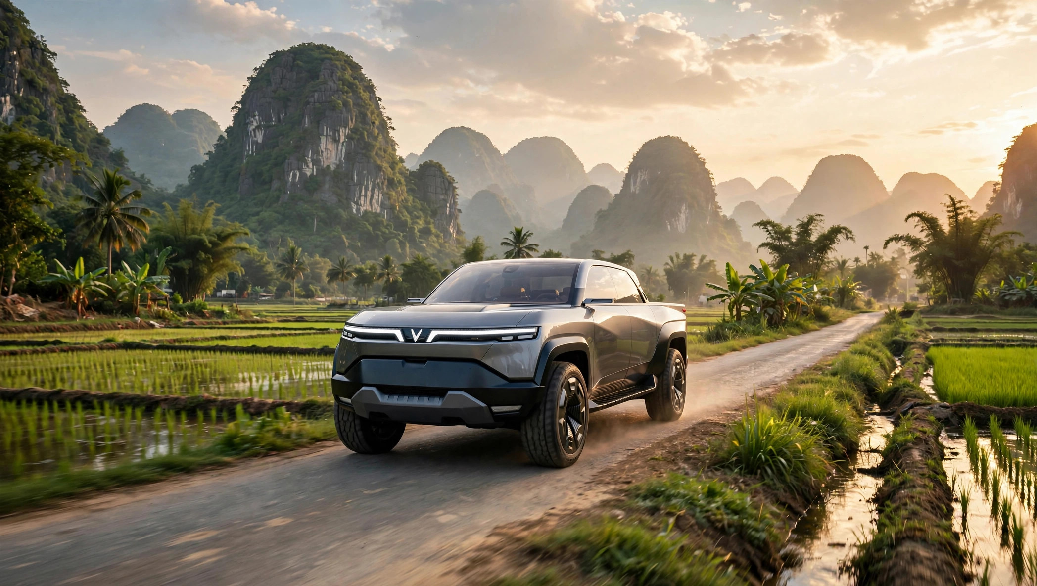VinFast VF Wild electric pickup driving on a rural road between rice fields in Vietnam