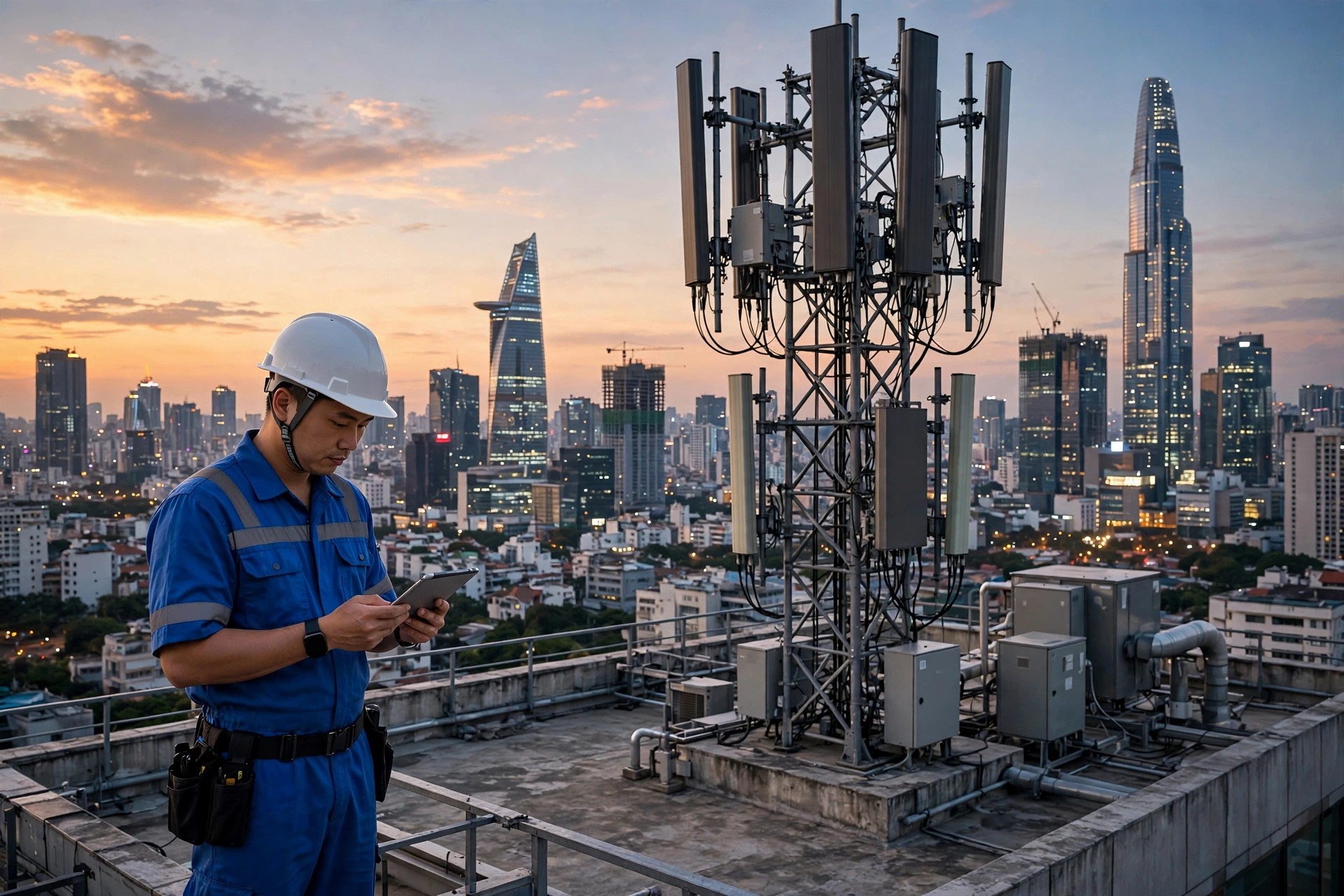 A technician checking a 5G base station on a rooftop in a Vietnamese city at sunset
