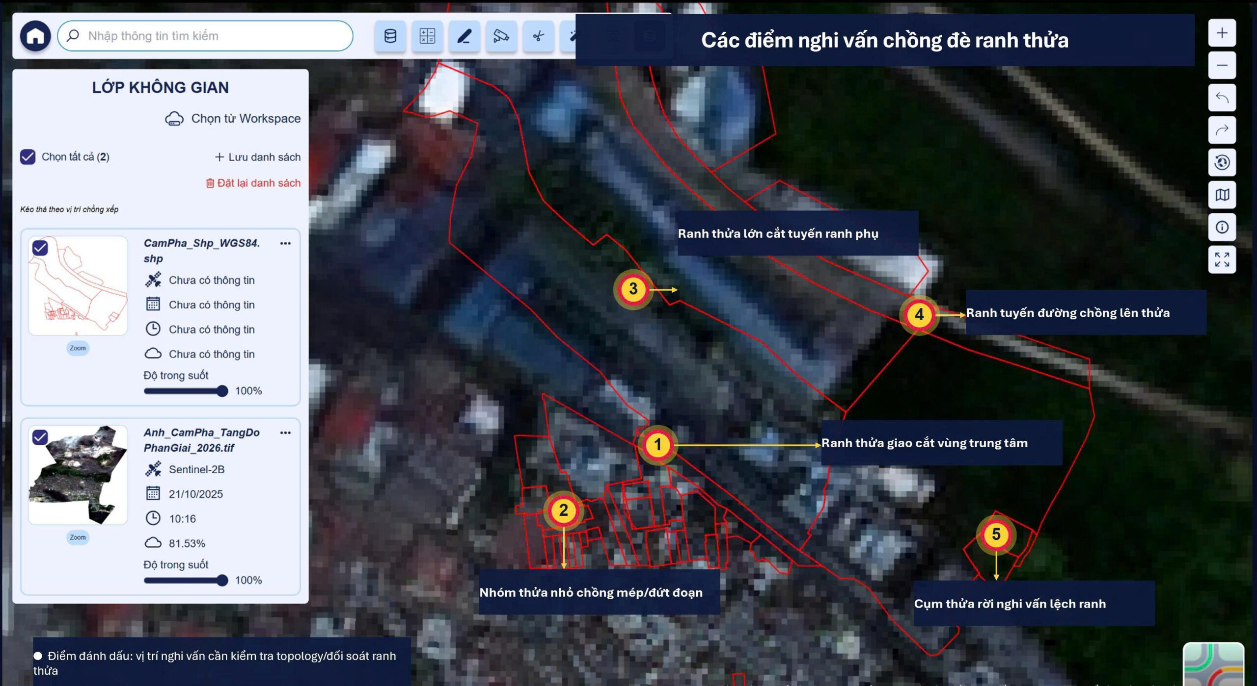 VNPT iLIS spatial check interface flagging suspected land parcel boundary errors over Sentinel-2B imagery of Cam Pha
