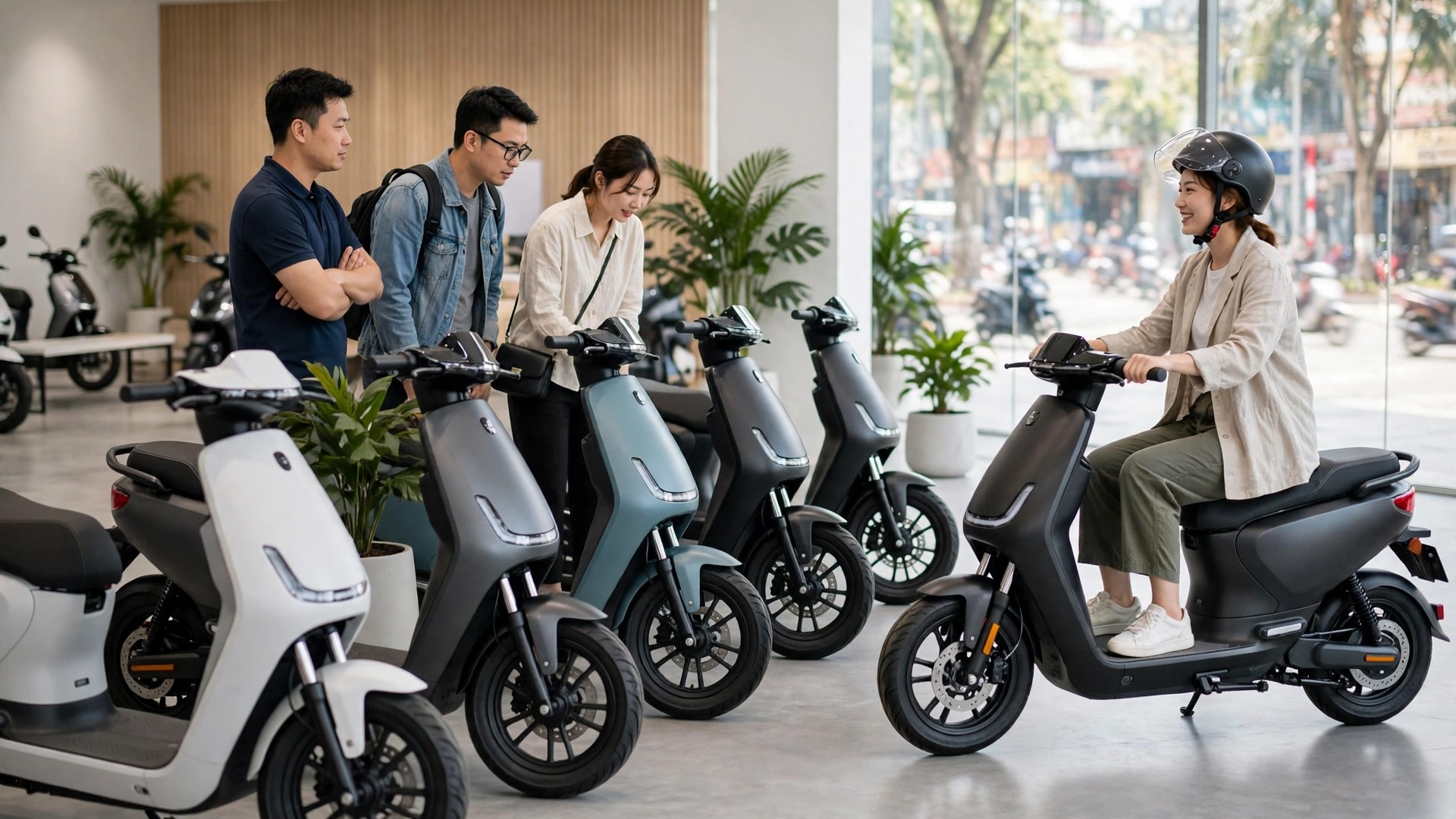 Electric motorbikes on display at a VinFast showroom in Vietnam