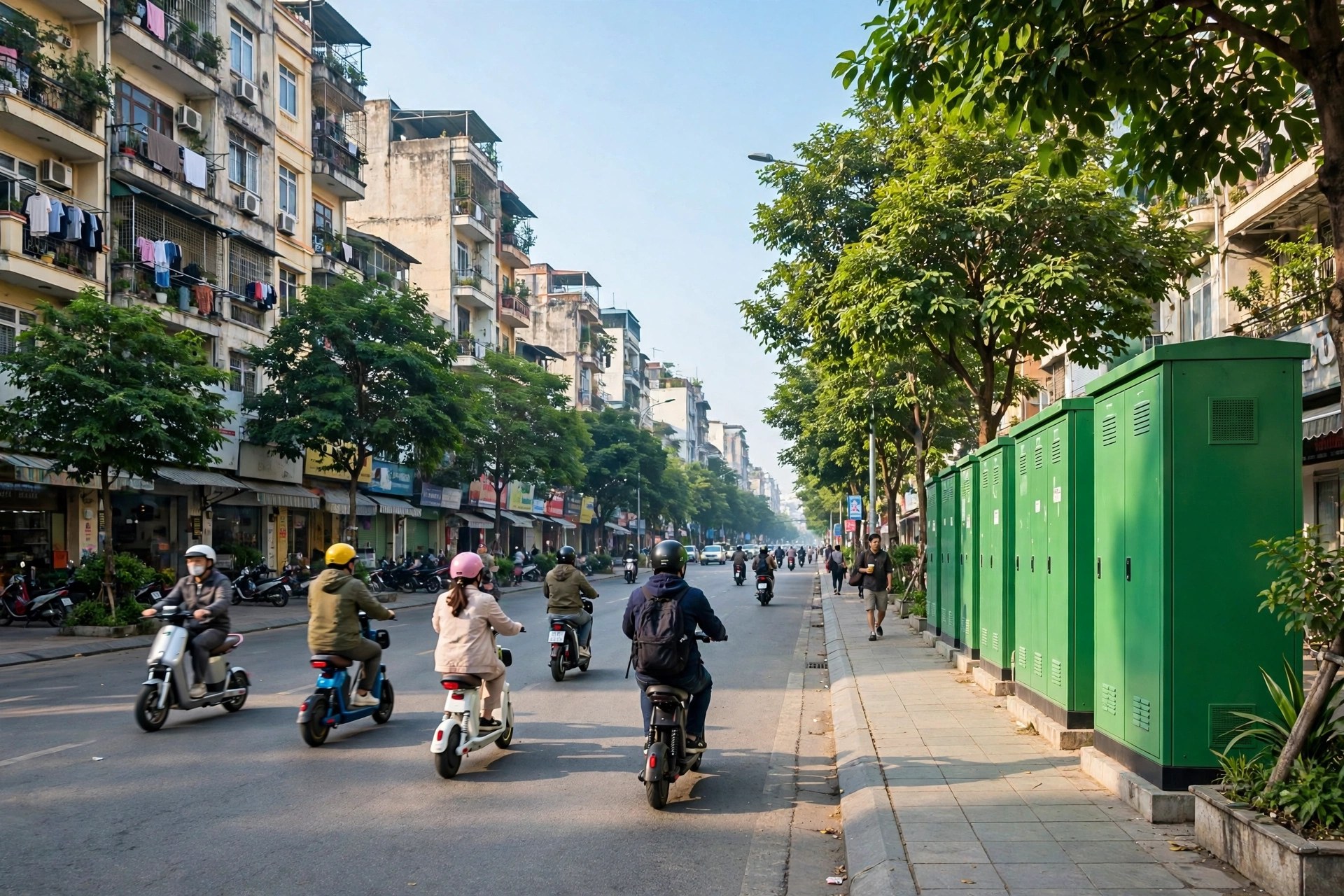 People wearing helmets riding electric motorbikes past a row of green battery swapping cabinets on a city street in Vietnam