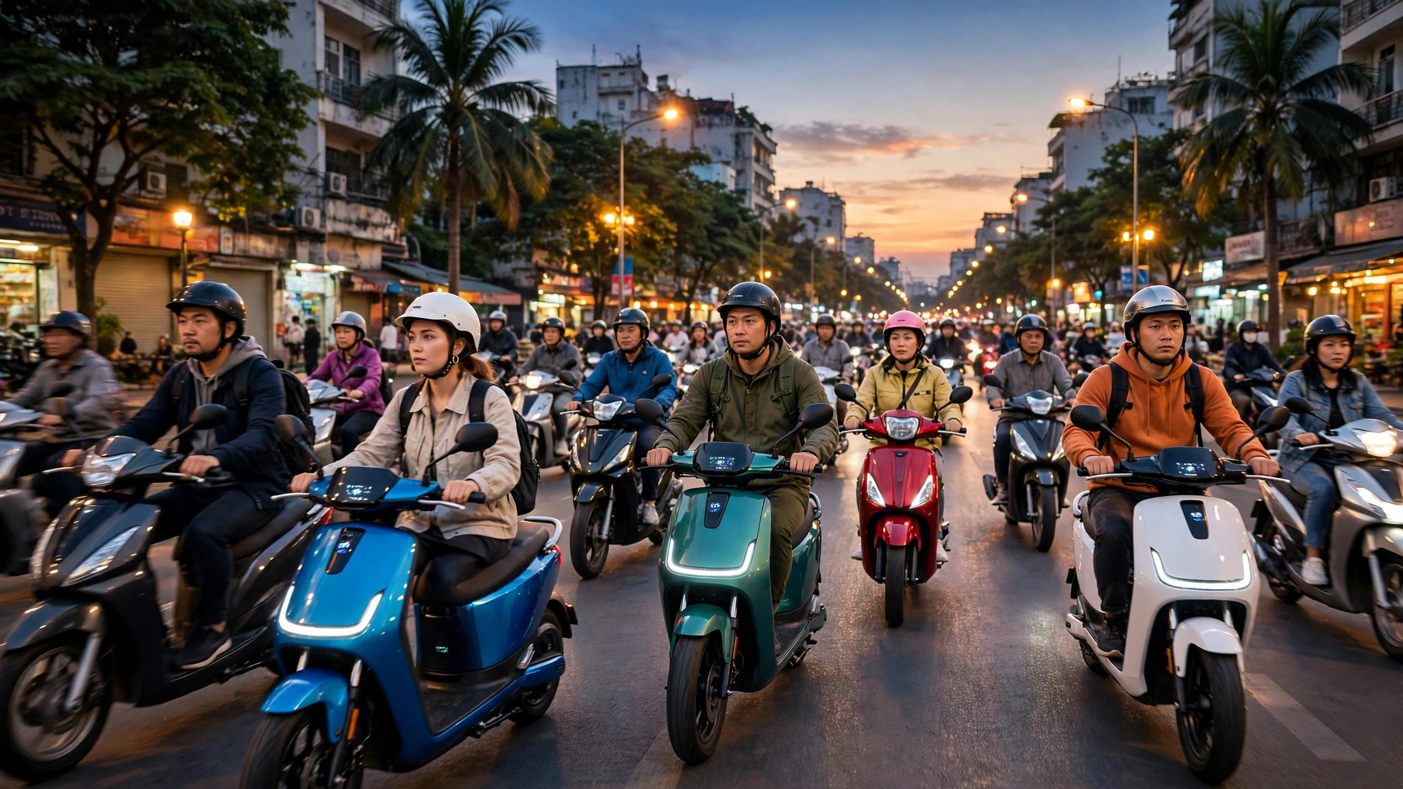 Electric motorbikes in rush-hour traffic in Ho Chi Minh City at dusk
